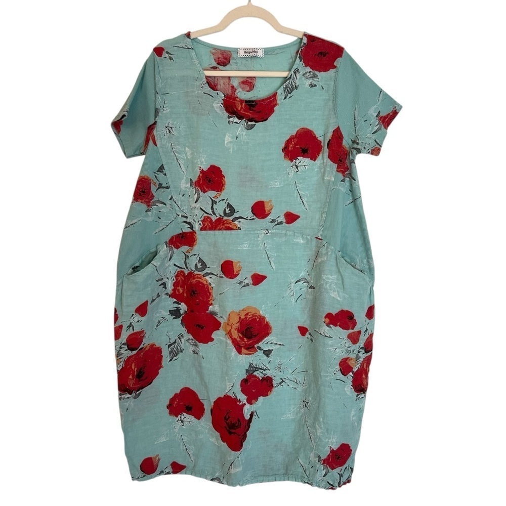 Helga May Italy Relaxed Linen Floral Short Sleeve Dress Light Blue Red Medium
